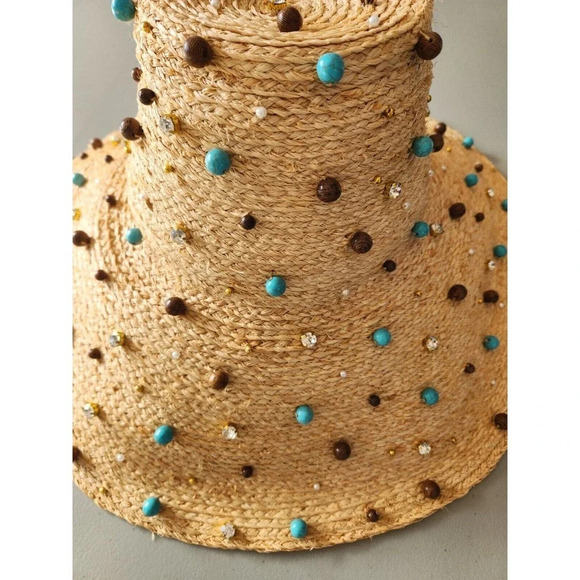 NWD Lele Sadoughi Turquoise Embellished Straw Sun Hat Natural One Size - Picture 5 of 13